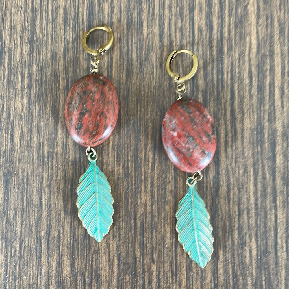 HAND CRAFTED EARRINGS Boho Brown Zoisite Ovals Mint Green Patina Brass Leaves